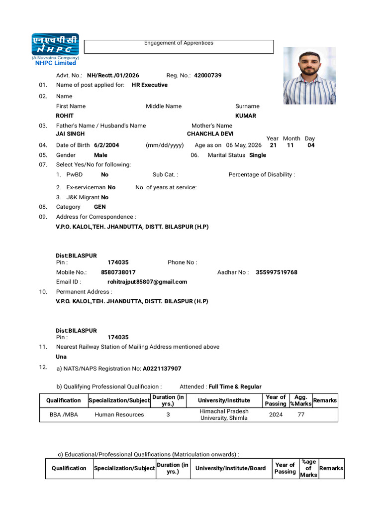 NHPC Limited - Application Form | PDF