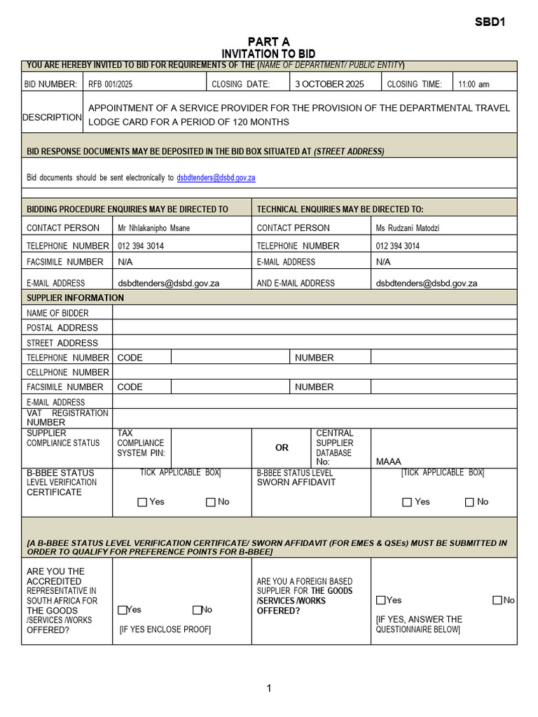 RFB 001.2025 Terms of Reference DSBD Departmental Lodge Card | PDF ...