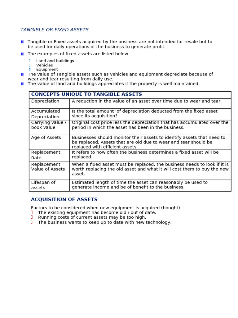 Tangible or Fixed Assets Notes | PDF | Depreciation | Fixed Asset
