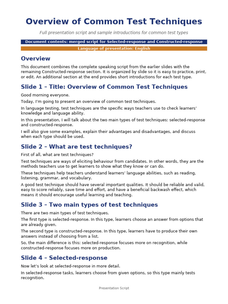 Presentation Script Common Test Techniques | PDF | Multiple Choice ...