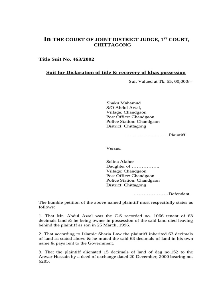 Lec 4(A) Plaint draft sample-1 | PDF | Lawsuit | Common Law