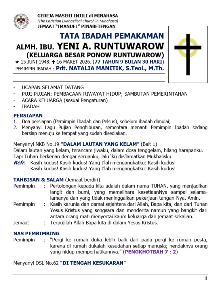 Tata Ibadah Pemakaman Almh Yeni Ponow Runtuwarow Tgl 18 Maret 2026 ...