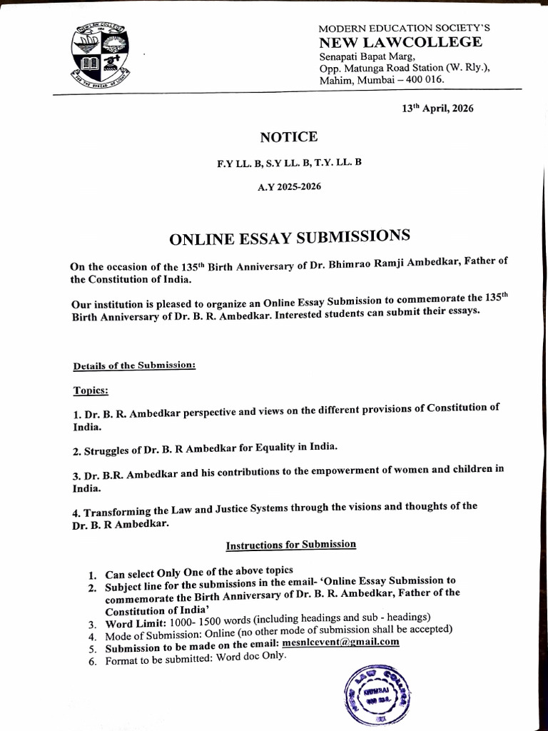 Notice - Essay Submission- 135th Birth Anniversary of Dr. Babasahebh ...