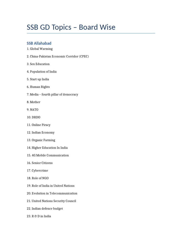 SSB Board Wise Topics | PDF