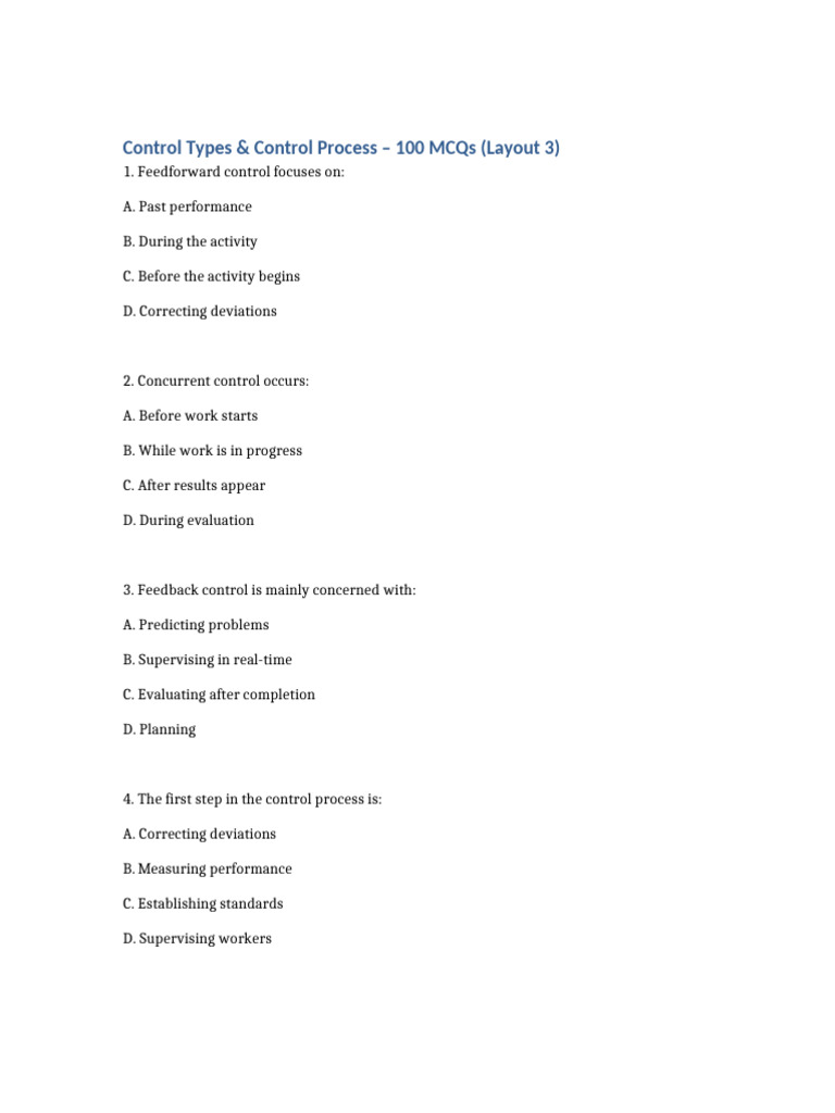 Control Types and Control Process 100 MCQs | PDF
