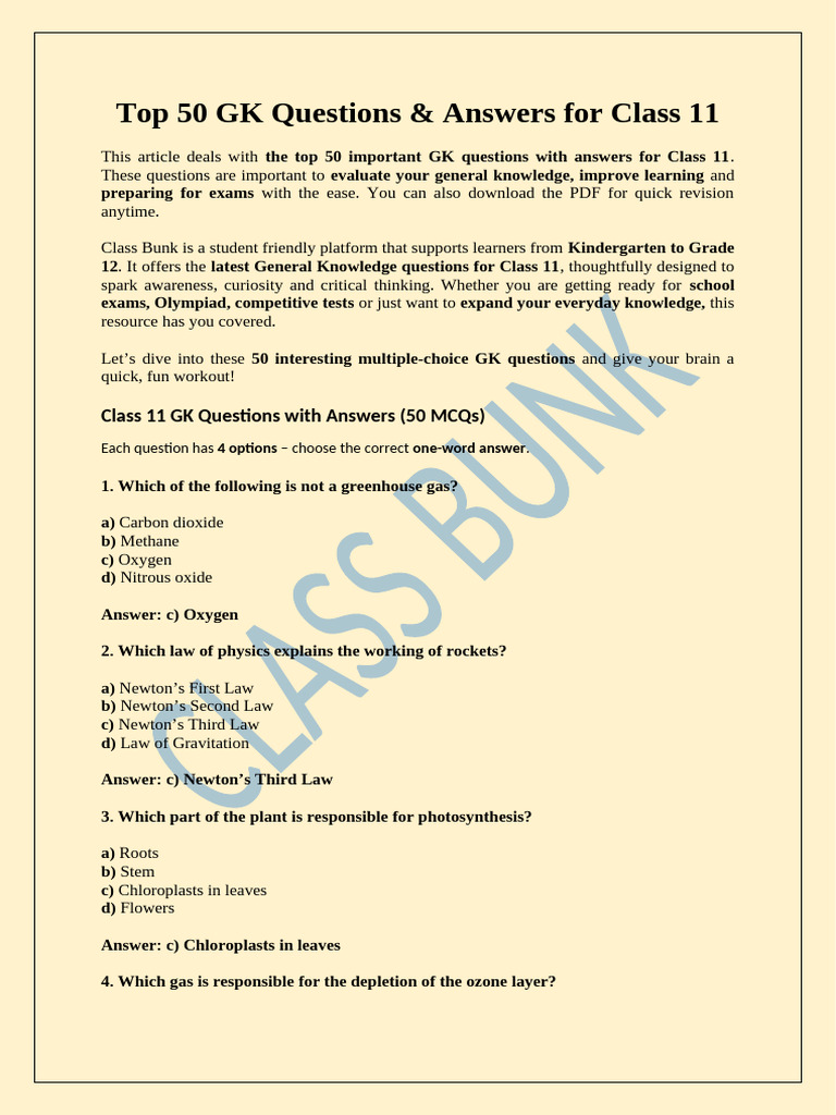 Class 11 GK Question and Answers PDF | PDF | Chlorofluorocarbon ...