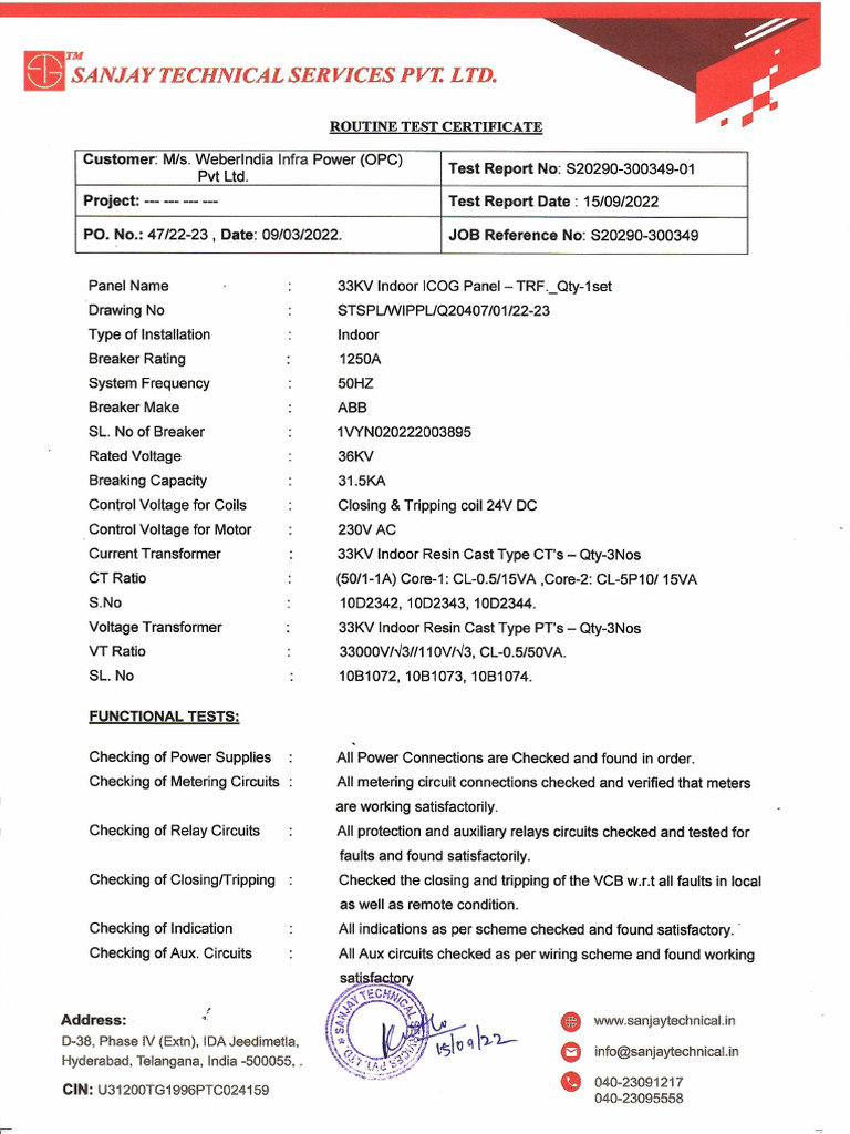 1250A 33KV ICOG Panel Test report | PDF