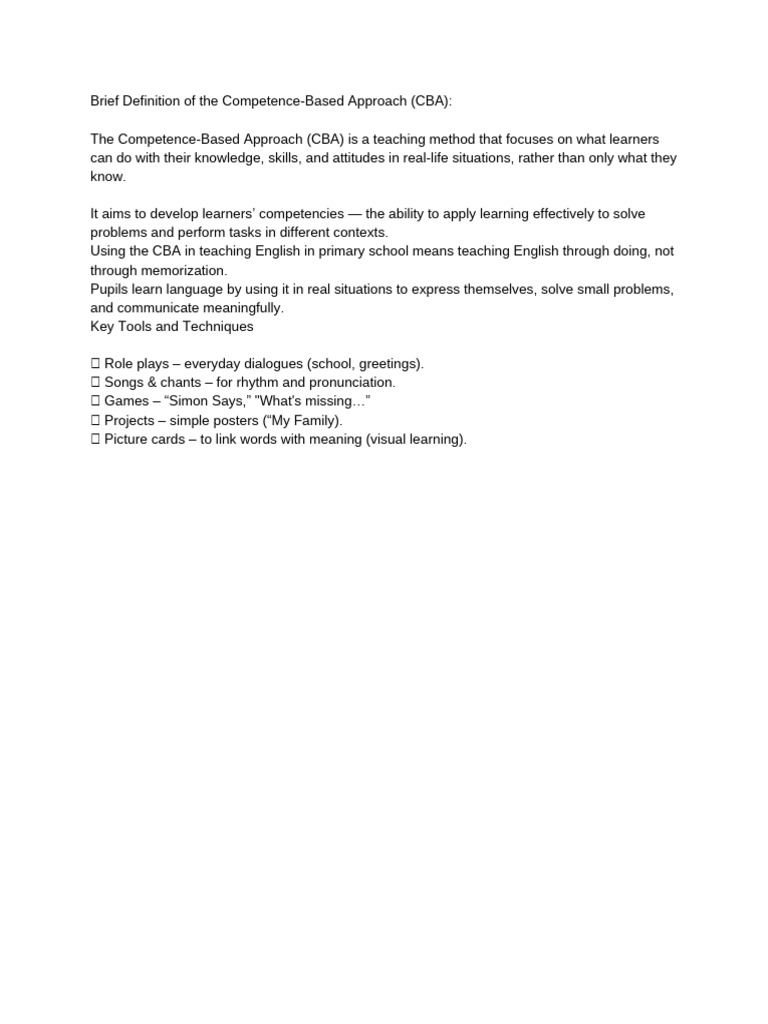 Brief Definition of the Competence-Based Approach (CBA) | PDF