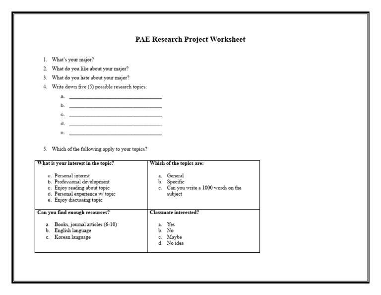 PAE Research Project Worksheet | PDF
