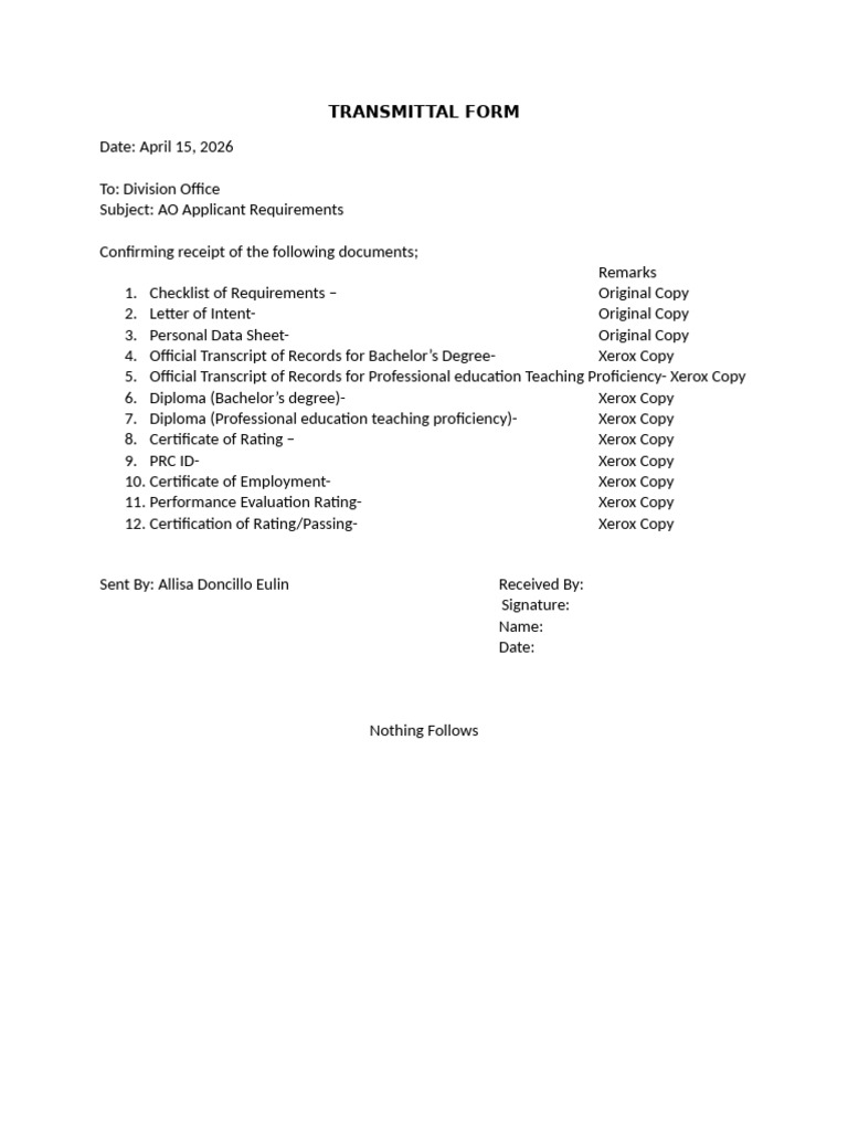 Transmittal Form | PDF