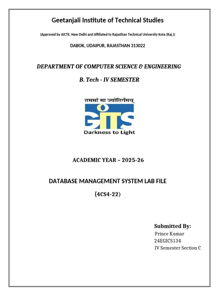 1.Front Pages_dbms Lab File (1) | PDF | Databases | Computing