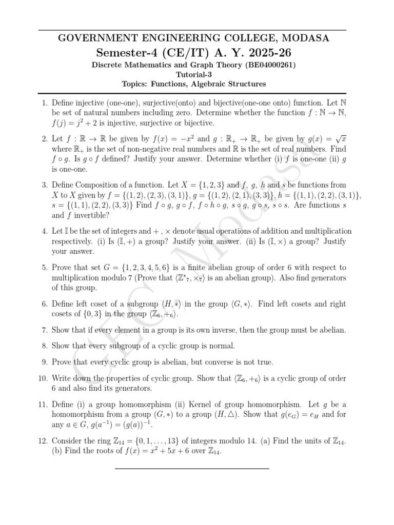 Tutorial and Assignment_Algebraic Structures | PDF | Group (Mathematics ...