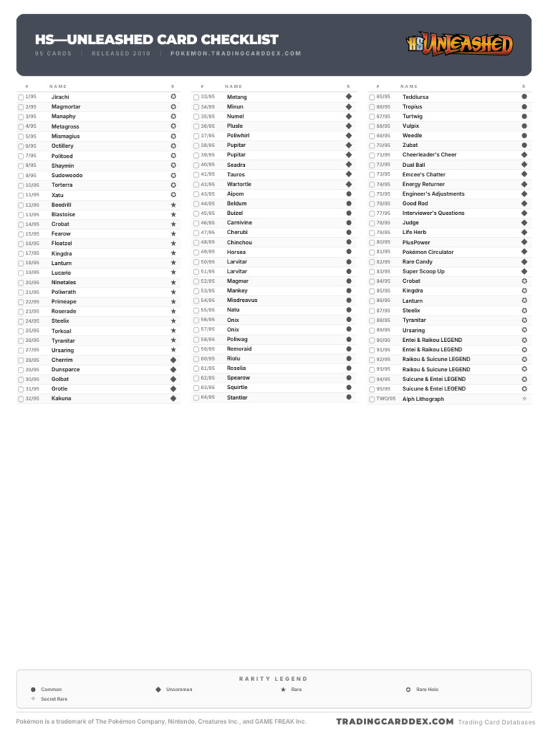 Pokemon HSUnleashed Card Checklist | PDF | Nintendo | Video Game Companies  Of Japan