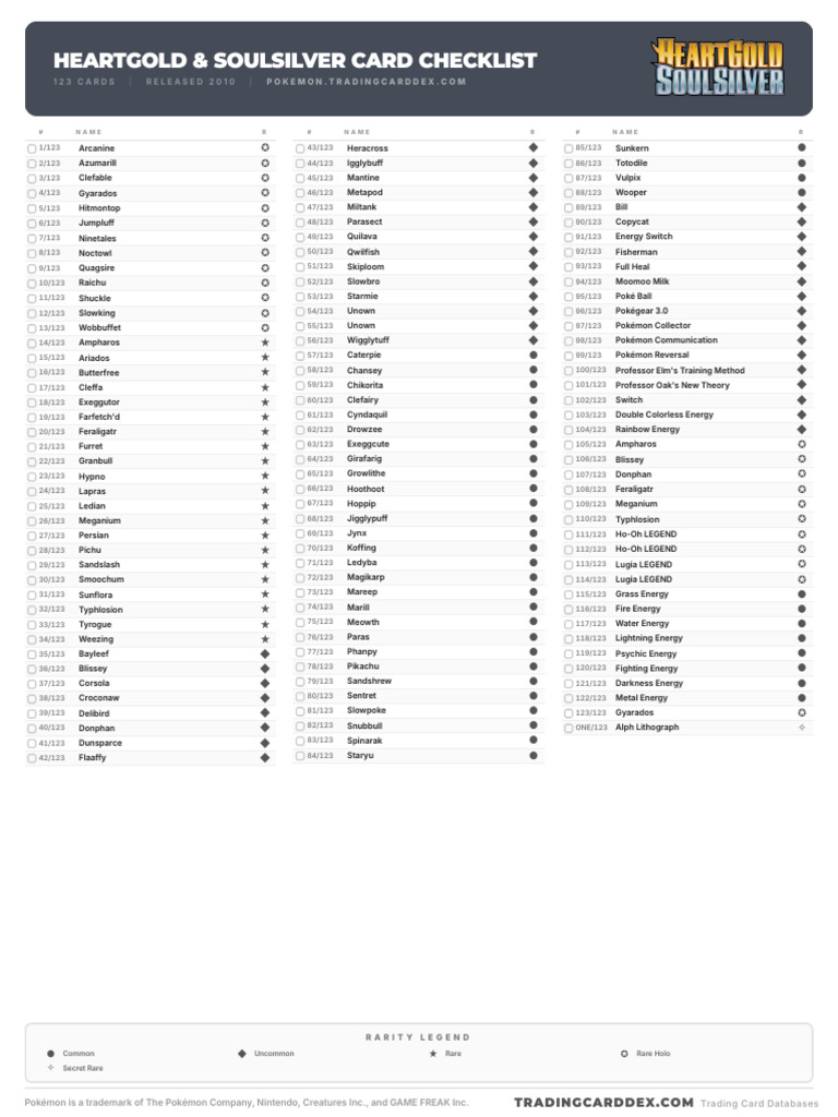 Pokemon HeartGold and SoulSilver Card Checklist | PDF | Pokmon | Nintendo
