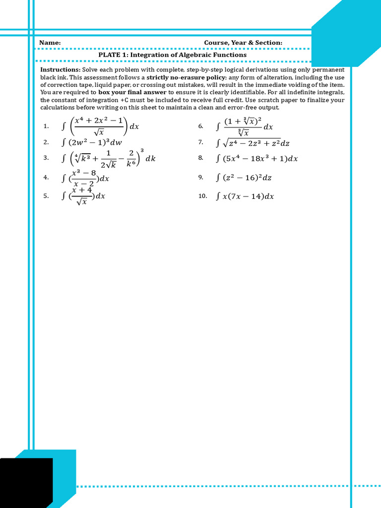 Plate 01 Integration of Algebraic Functions | PDF