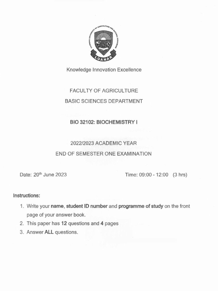 Biochemistry Test Sem 1 | PDF | Enzyme | Biochemistry