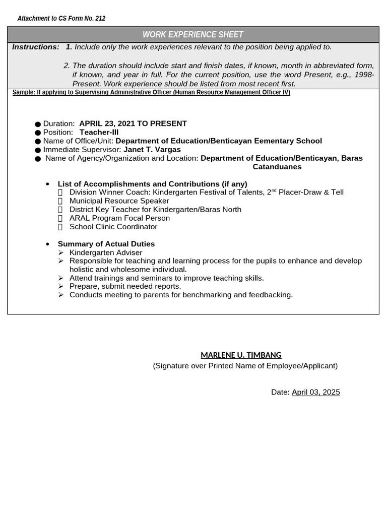 ANNEX H 2 CS Form No. 212 Attachment Work Experience Sheet 1 | PDF
