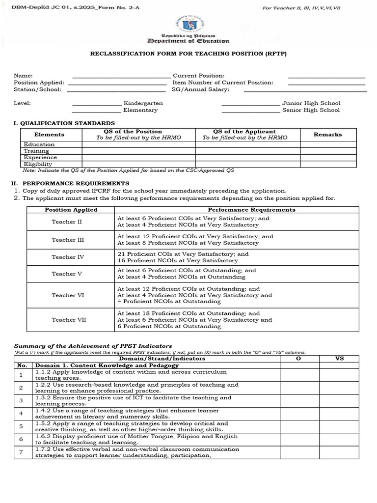 Reclassification Form For Teaching Position (RFTP) For T II, III, IV, V ...