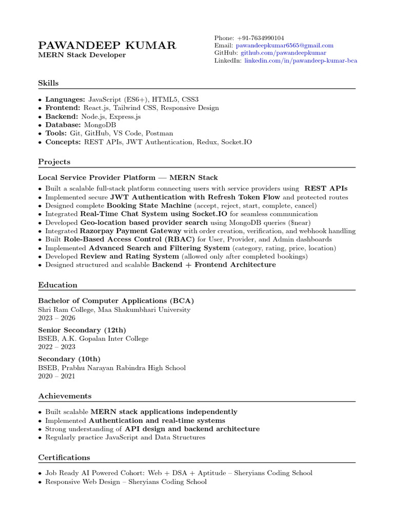 Pawandeep Kumar MERN Stack Developer | PDF
