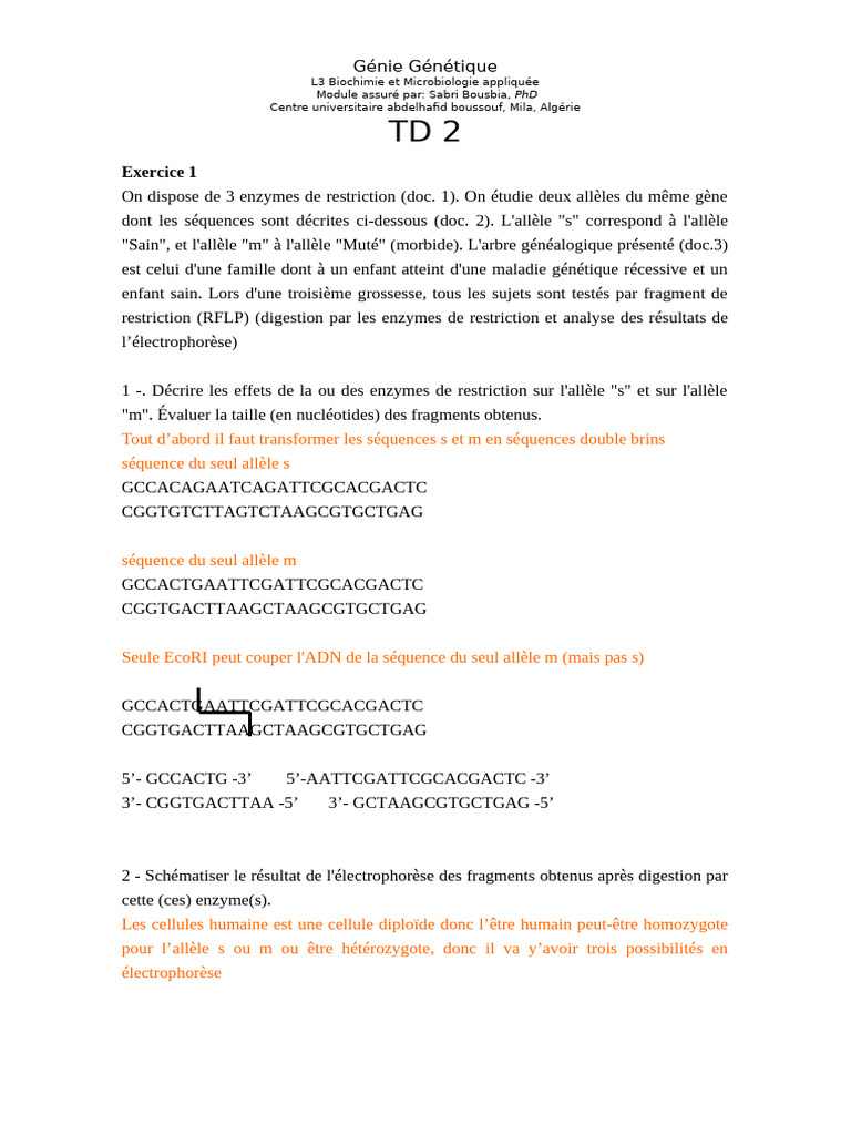 TD2 Genie Génétique Et Corrigé Type 2018 | PDF | Allèle | Dominance ...
