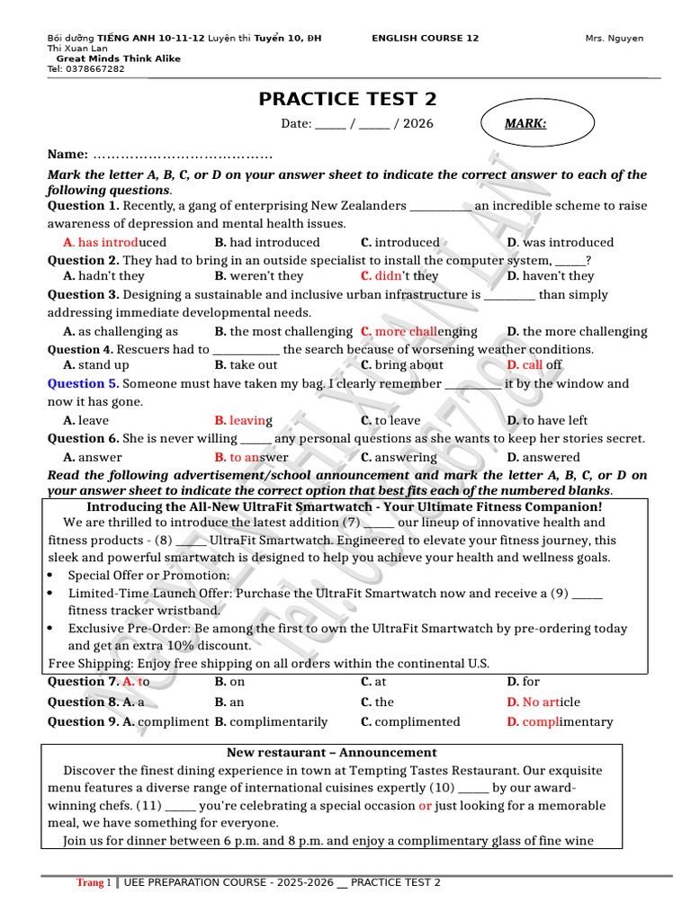 Practice Test 2-25-26 | PDF | Body Language | Human Communication