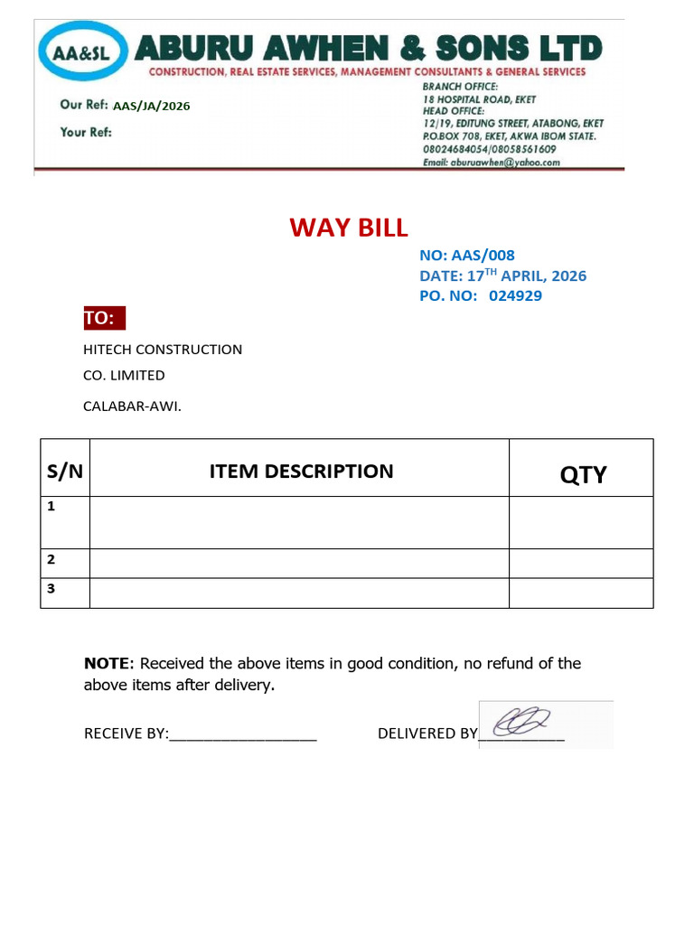 Waybill for the Supply of Items | PDF