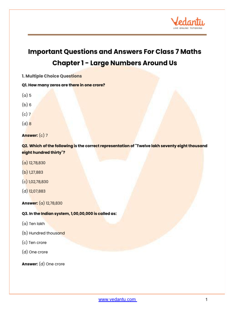 Important Questions and Answers for Class 7 Maths Chapter 1 2025-26 ...