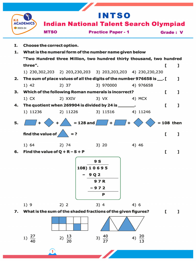 INTSO Question Paper 1 Grade 5.PDF | PDF | Arithmetic | Number Theory