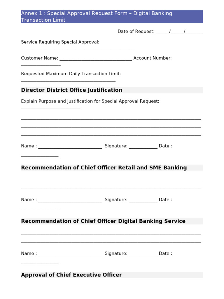Annex 1 Special Approval Request Form – Digital Banking Transaction | PDF