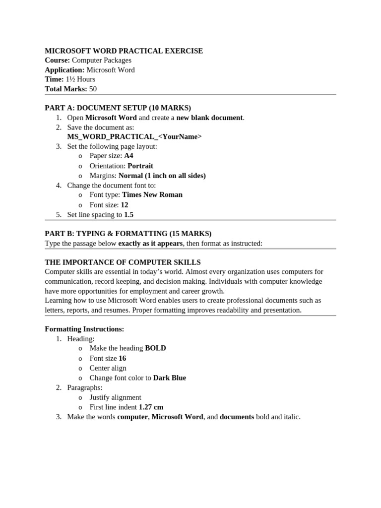 Microsoft Word Practical Exercise1 | PDF