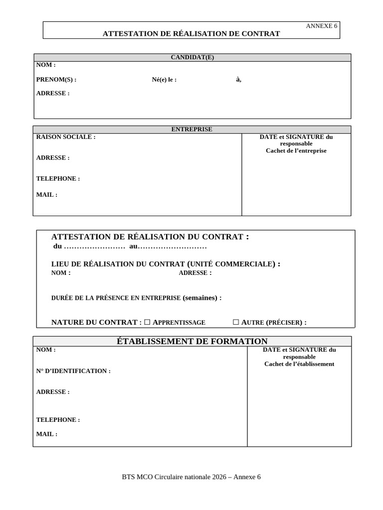 Attestation de Realisation de Contrat 2026 - Bts Mco 2 | PDF
