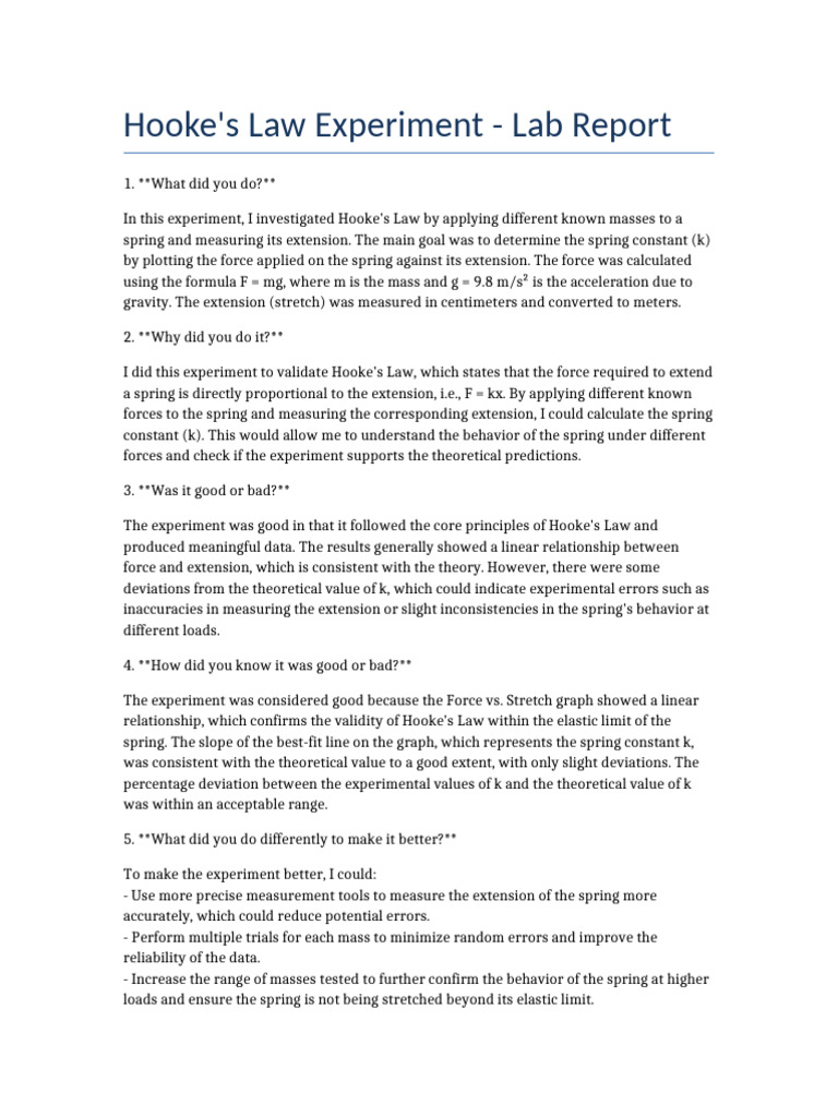 Hookes Law Lab Report | PDF | Force | Observational Error