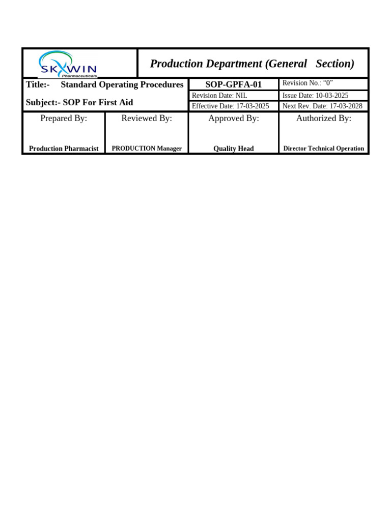Production Department. FIRST AID | PDF