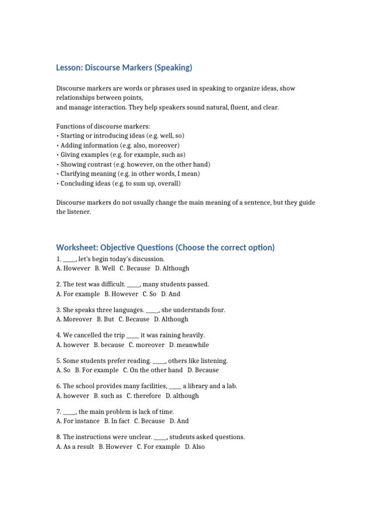 Discourse Markers Lesson and Worksheet | PDF
