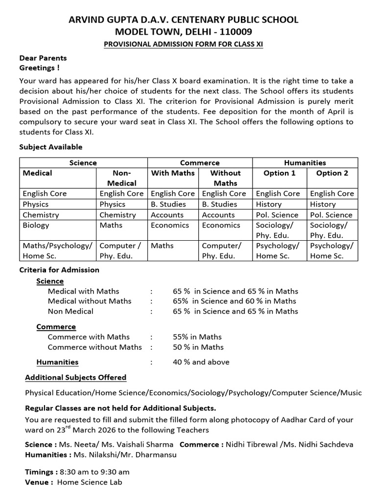 Provisional Admission Form Class Xi 2026 | PDF | Science