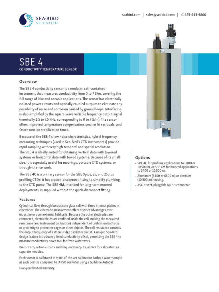 SBE 4C Conductivity Temperature Sensor Datasheet | PDF | Electrical ...