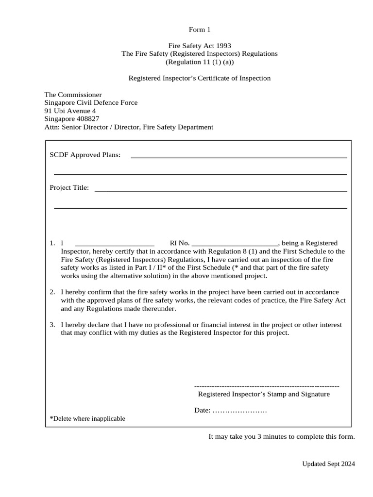 Registered Inspector Certificate of Inspection Form 1 | PDF