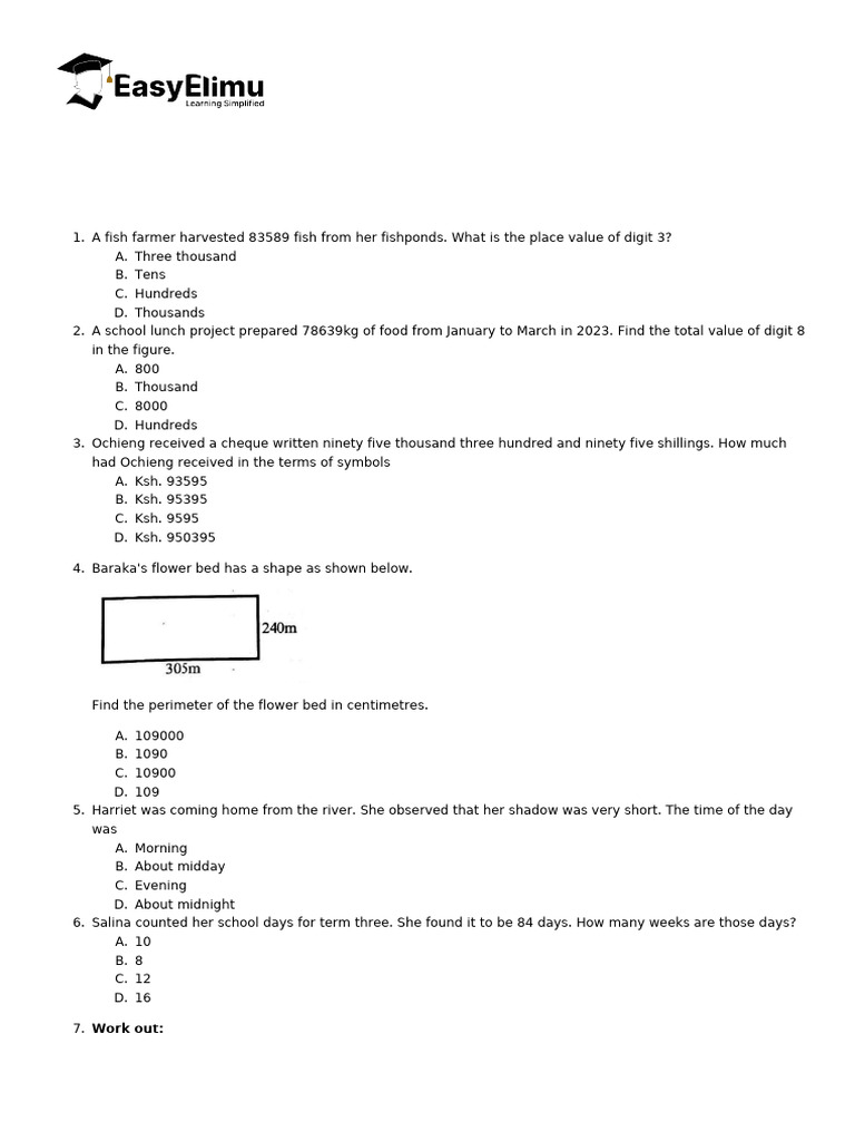 Mathematics - CBC Grade 5 Term 1 Opener Exams 2025 Set 1-2775 | PDF