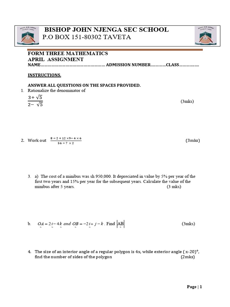 f3 North, April Holiday Assignment Assignment Form 3 Mathematics | PDF ...