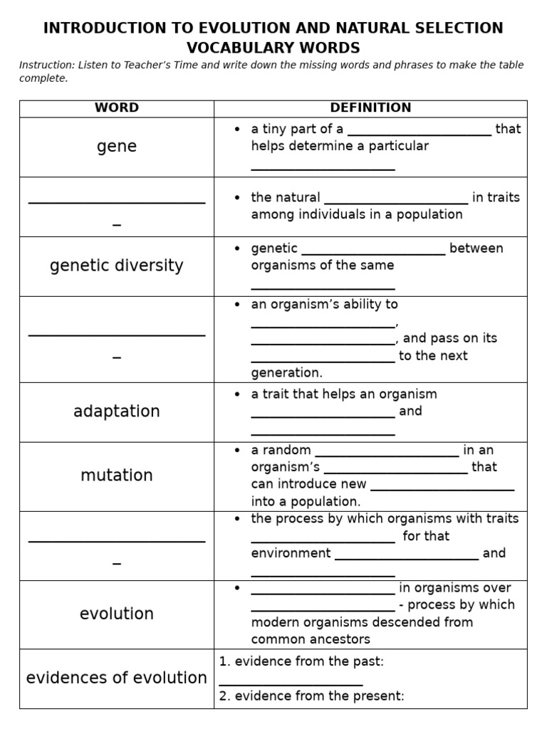 Vocab Introduction to Evolution and Natural Selection | PDF | Evolution ...