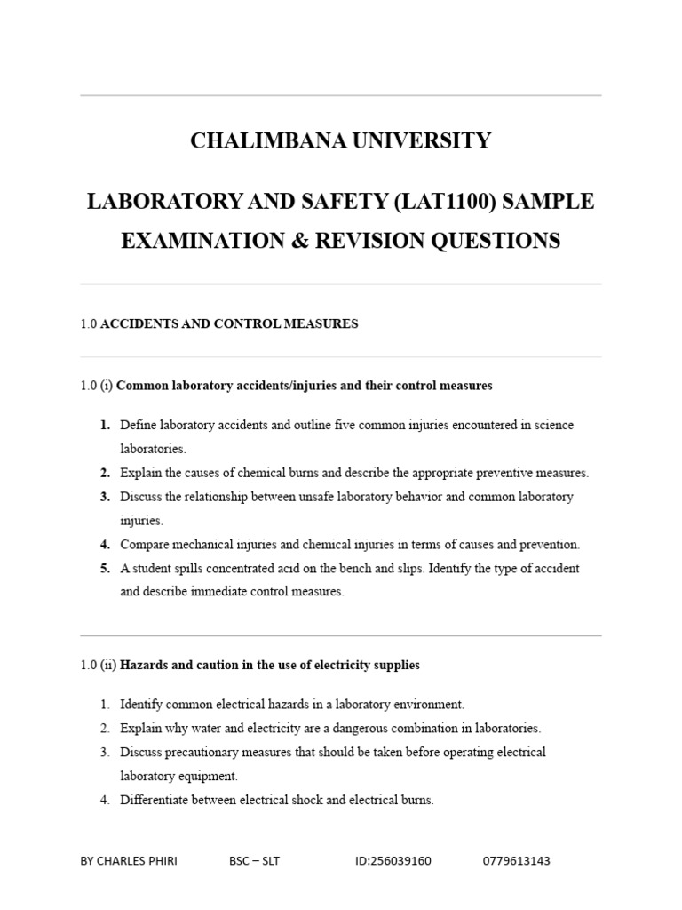 CHALIMBANA UNIVERSITY LABORATORY AND SAFETY (LAT1100) SAMPLE ...