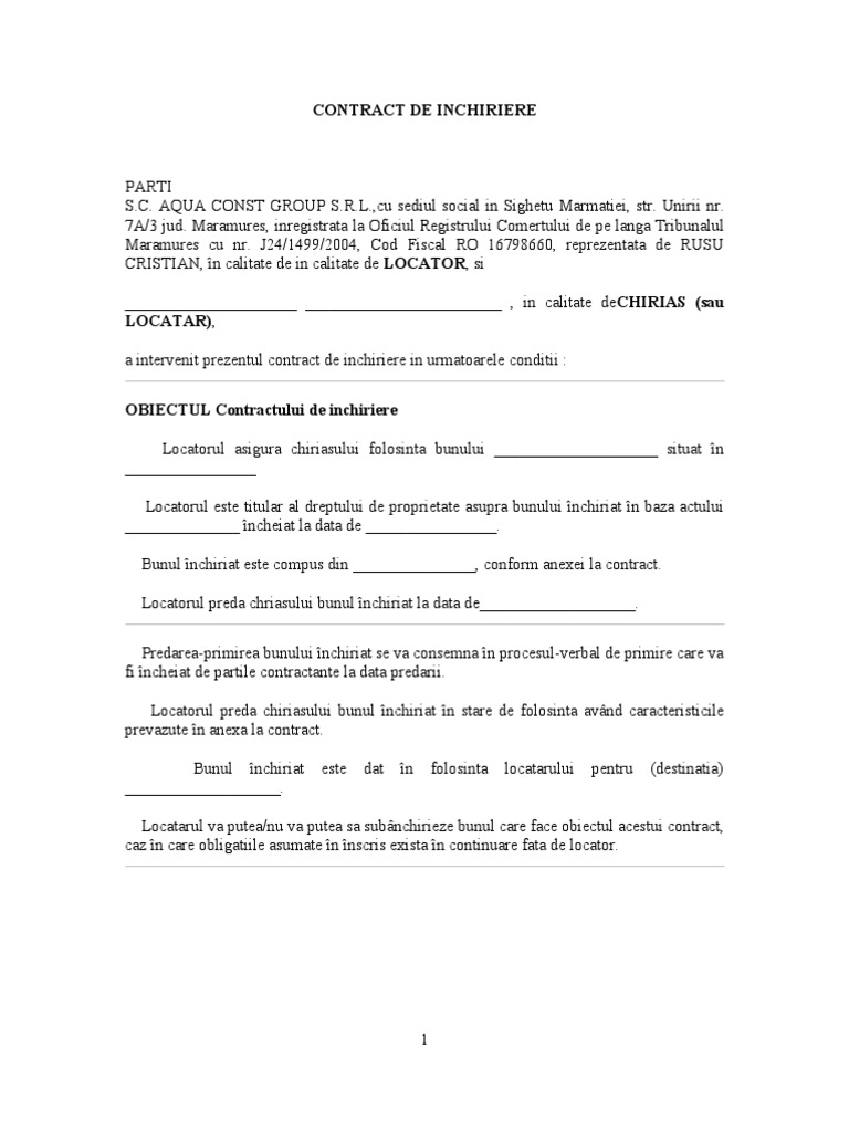 Model Contract Inchiriere Utilaj