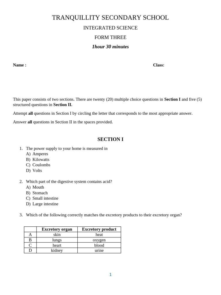 Form Three Integrated Science End of Year Examination | PDF