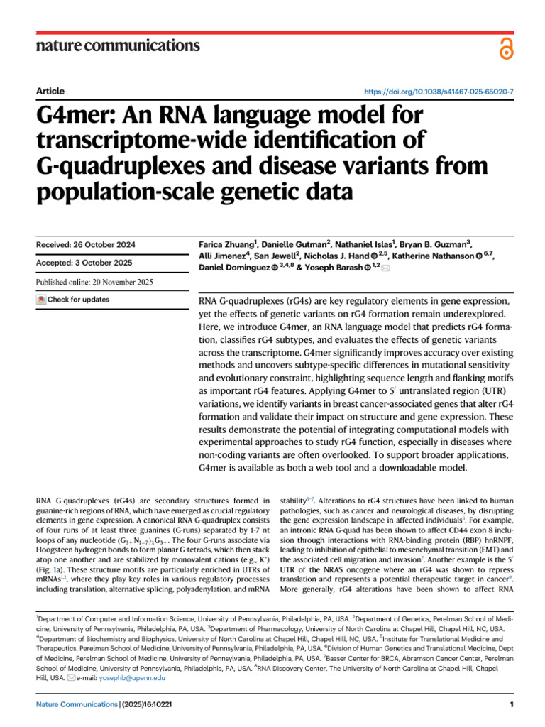 G4mer An RNA language model | PDF | Gene Expression | Regulation Of ...