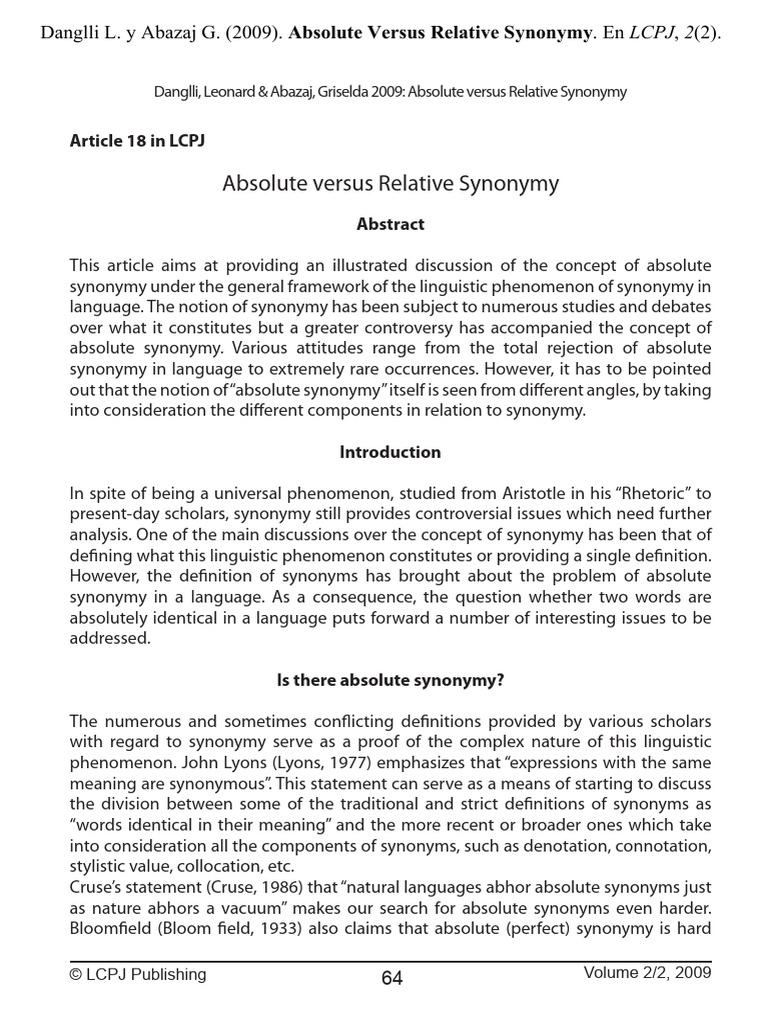 DanglliAbazaj_Absolute Versus Relative Synonymy (1) | PDF | Word ...