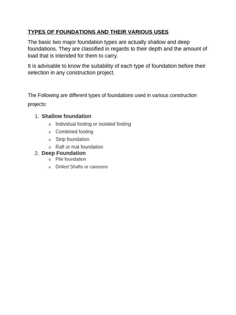 TYPES OF FOUNDATIONS AND THEIR VARIOUS USES | PDF | Foundation ...