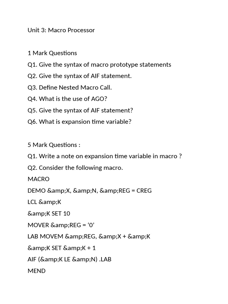 Unit 4 Macro Processor Practice Question Bank | PDF | Computer ...