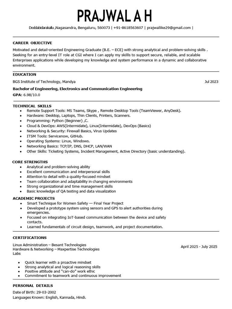 1 Prajwal a H CGI Resume PDF | PDF | Computer Network | Skill
