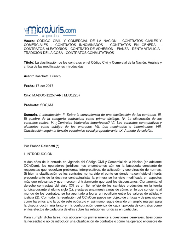 002 - La Clasificación de Los Contratos en El Código Civil y Comercial ...