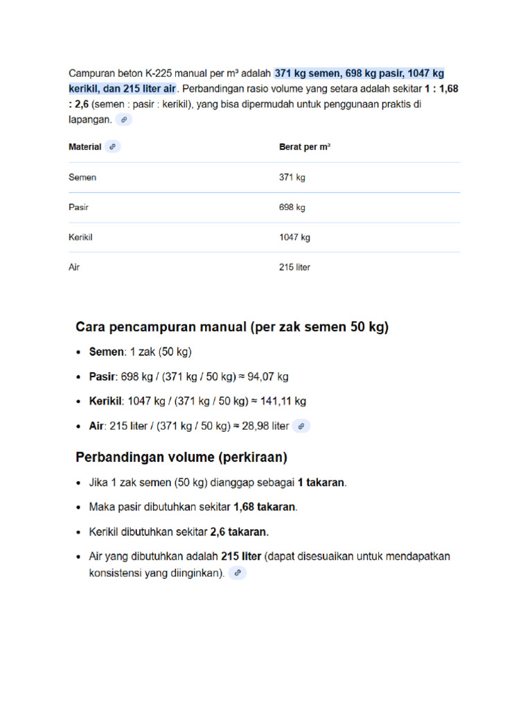 Takaran Beton K225 | PDF